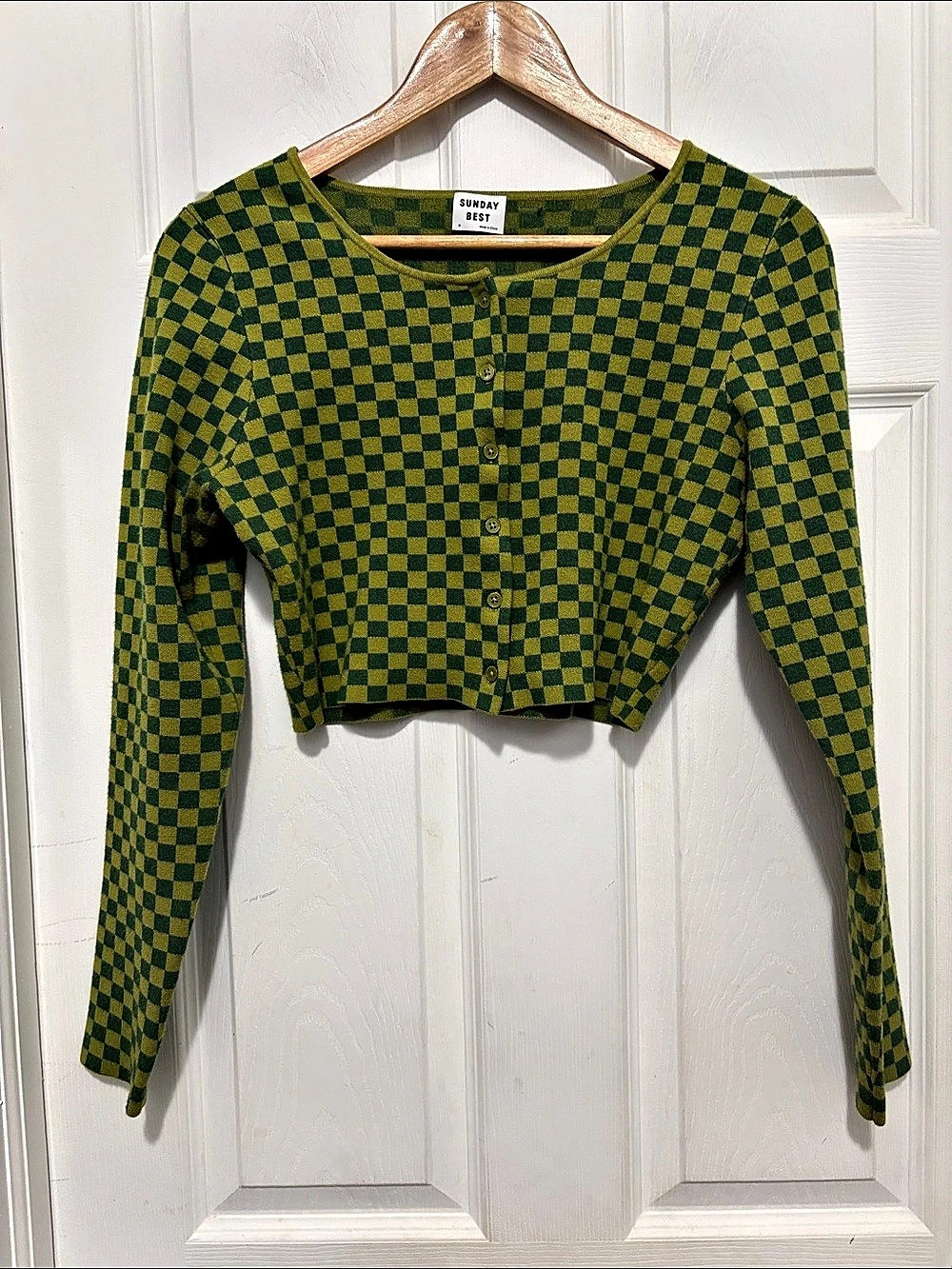 Sunday Best Checkered Cropped Cardigan TwoTone Green